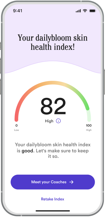 The dailybloom skin health index gauge showing a score of 82, High.