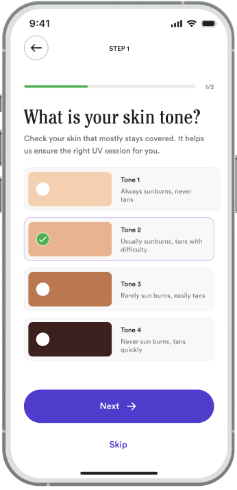 Skin tone step: four skin tones to choose from, with Tone 2 selected.
